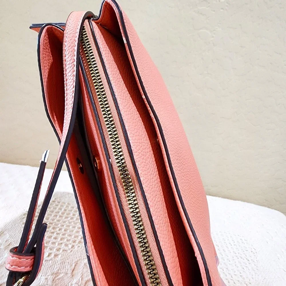 Nanette Lepore Peach Pink Three Pocket Dressy Gold Accent Crossbody Bag Purse